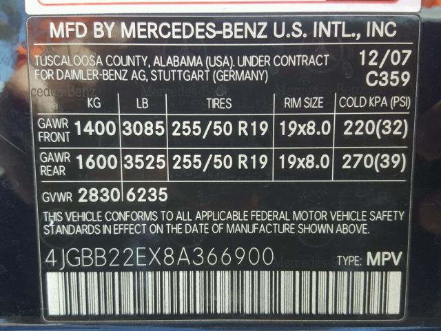 4JGBB22EX8A366900 - 2008 MERCEDES-BENZ ML 320 CDI BLUE photo 10