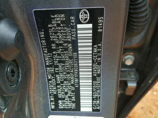 4T1BF1FK8CU631108 - 2012 TOYOTA CAMRY BASE CHARCOAL photo 10