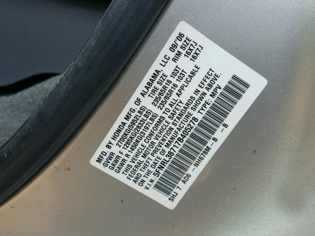 5FNRL38717B405278 - 2007 HONDA ODYSSEY SILVER photo 10