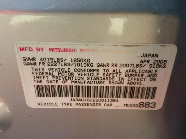 JA3AU16U29U011384 - 2009 MITSUBISHI LANCER SILVER photo 10