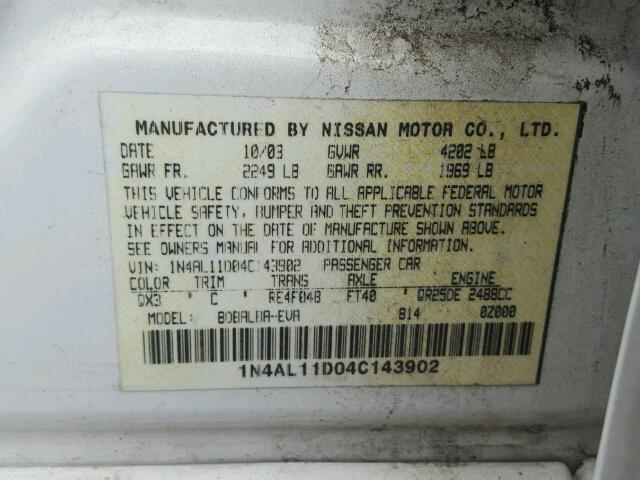 1N4AL11D04C143902 - 2004 NISSAN ALTIMA WHITE photo 10