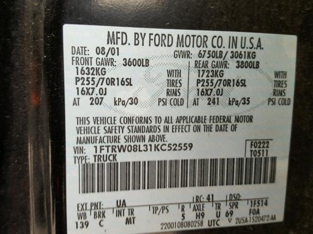 1FTRW08L31KC52559 - 2001 FORD F150 SUPER BLACK photo 10