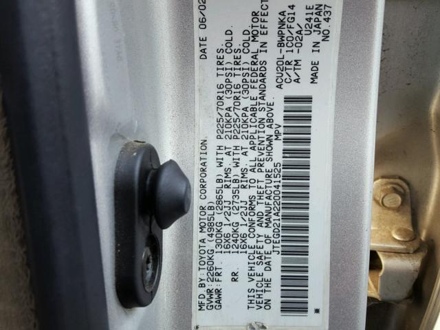 JTEGD21A220041525 - 2002 TOYOTA HIGHLANDER SILVER photo 10