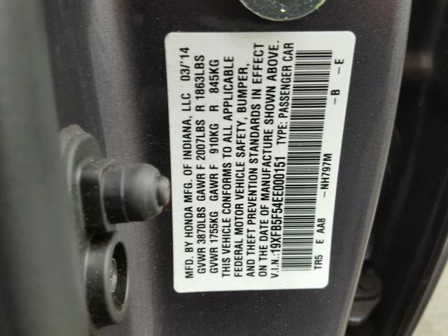 19XFB5F54EE000151 - 2014 HONDA CIVIC NATU GRAY photo 10