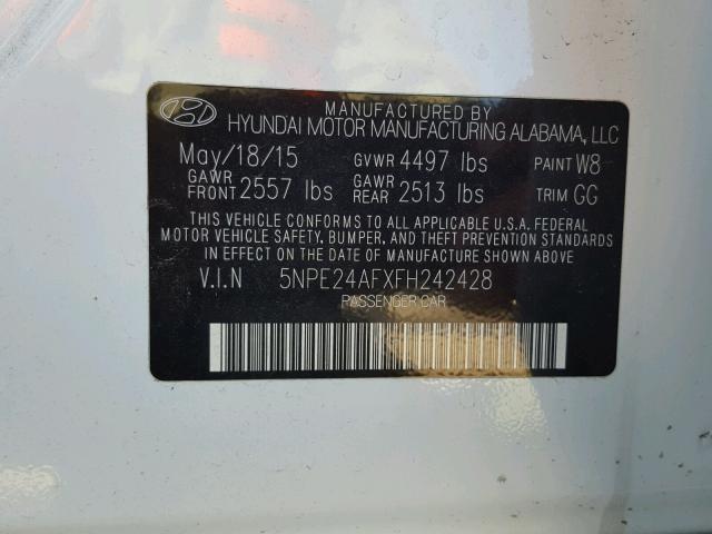 5NPE24AFXFH242428 - 2015 HYUNDAI SONATA WHITE photo 10