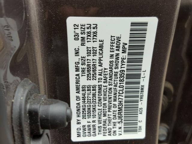 5J6RM3H77CL018359 - 2012 HONDA CR-V EXL BROWN photo 10