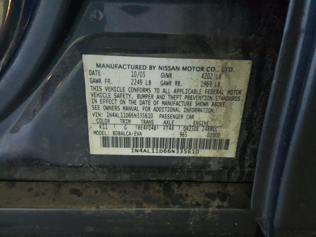 1N4AL11D66N335610 - 2006 NISSAN ALTIMA S GRAY photo 10