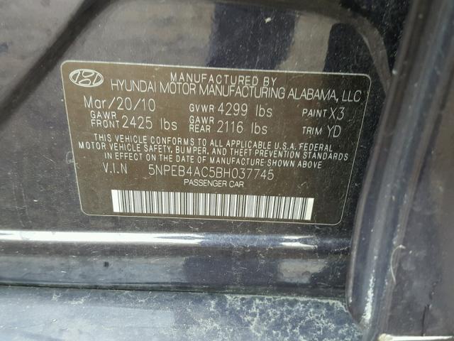 5NPEB4AC5BH037745 - 2011 HYUNDAI SONATA GLS GRAY photo 10