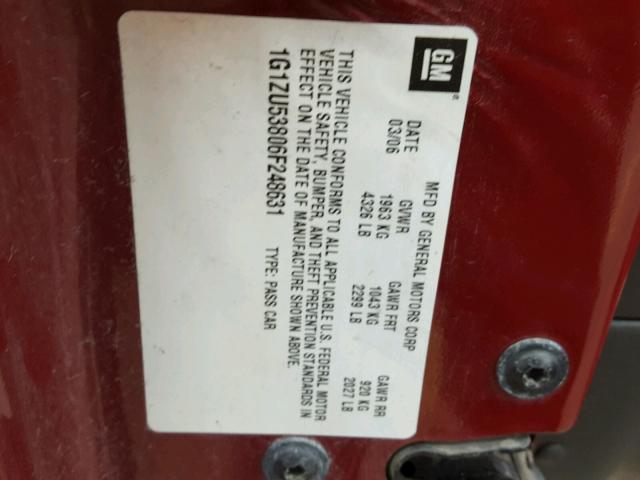 1G1ZU53806F248631 - 2006 CHEVROLET MALIBU RED photo 10