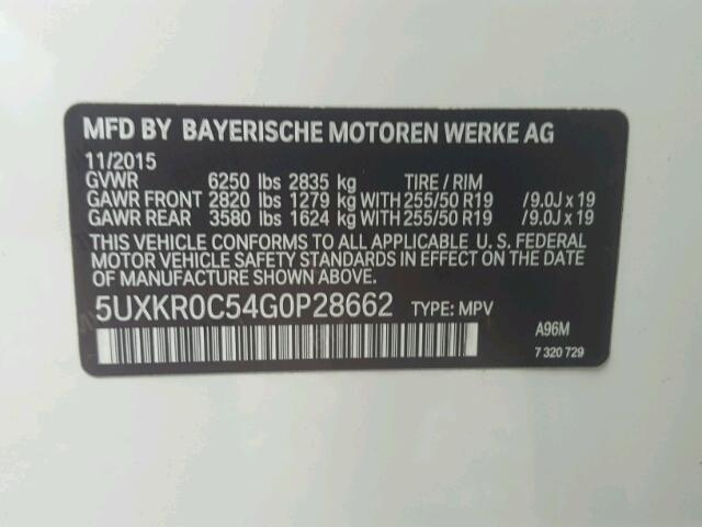 5UXKR0C54G0P28662 - 2016 BMW X5 XDRIVE3 WHITE photo 10