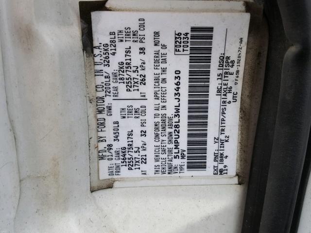 5LMPU28L3WLJ34630 - 1998 LINCOLN NAVIGATOR Ақ фото 10