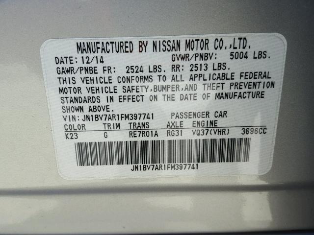 JN1BV7AR1FM397741 - 2015 INFINITI Q50 BASE SILVER photo 10