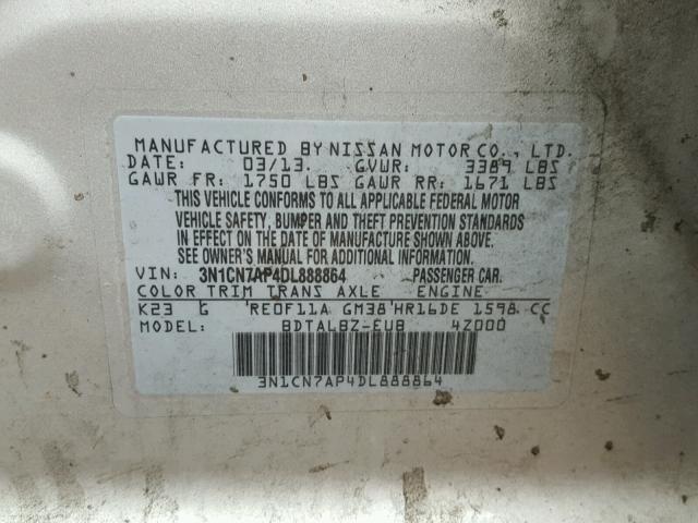 3N1CN7AP4DL888864 - 2013 NISSAN VERSA S SILVER photo 10