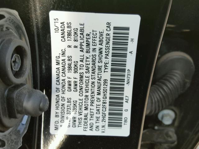 2HGFC2F81GH501299 - 2016 HONDA CIVIC EX BLACK photo 10