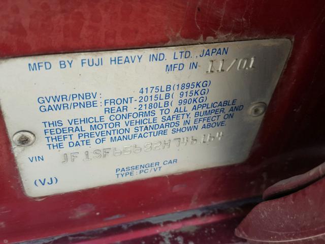 JF1SF65682H746164 - 2002 SUBARU FORESTER S 勃艮第红 照片 10