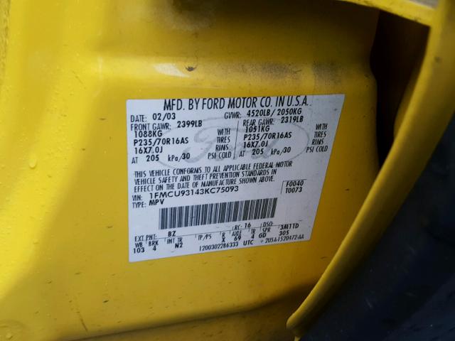 1FMCU93143KC75093 - 2003 FORD ESCAPE XLT YELLOW photo 10