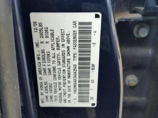 1HGCM664X7A042549 - 2007 HONDA ACCORD SE BLUE photo 10