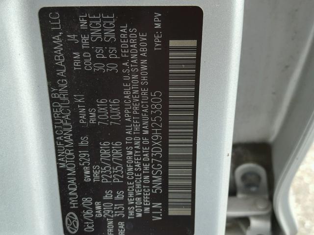 5NMSG73DX9H253805 - 2009 HYUNDAI SANTA FE G SILVER photo 10