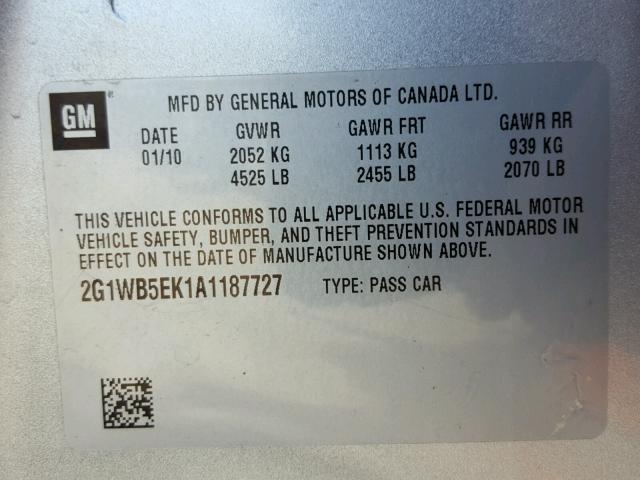 2G1WB5EK1A1187727 - 2010 CHEVROLET IMPALA LT SILVER photo 10