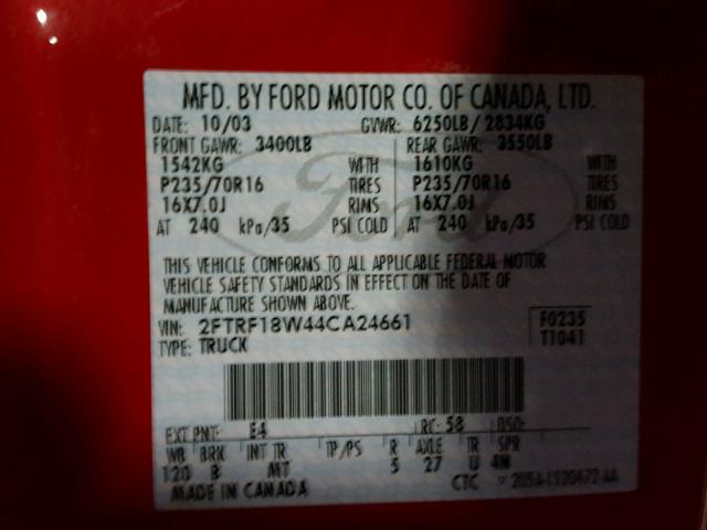 2FTRF18W44CA24661 - 2004 FORD F-150 HERI RED photo 10