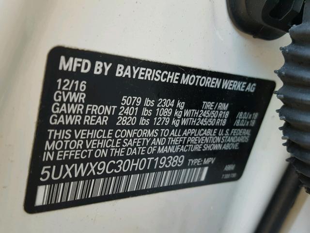 5UXWX9C30H0T19389 - 2017 BMW X3 XDRIVE2 WHITE photo 10