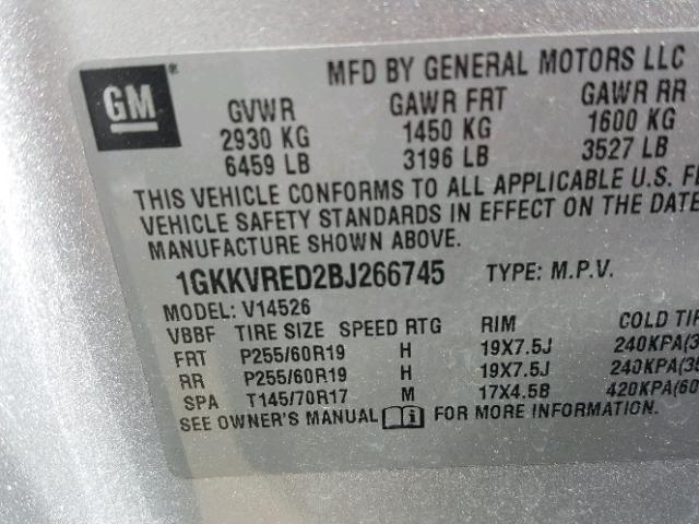 1GKKVRED2BJ266745 - 2011 GMC ACADIA SLT 银色 照片 10