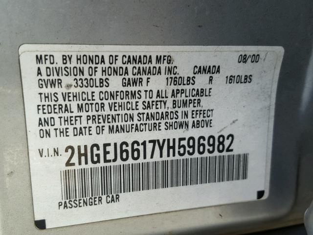 2HGEJ6617YH596982 - 2000 HONDA CIVIC BASE GRAY photo 10