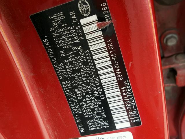 4T1BK46K77U003933 - 2007 TOYOTA CAMRY NEW RED photo 10