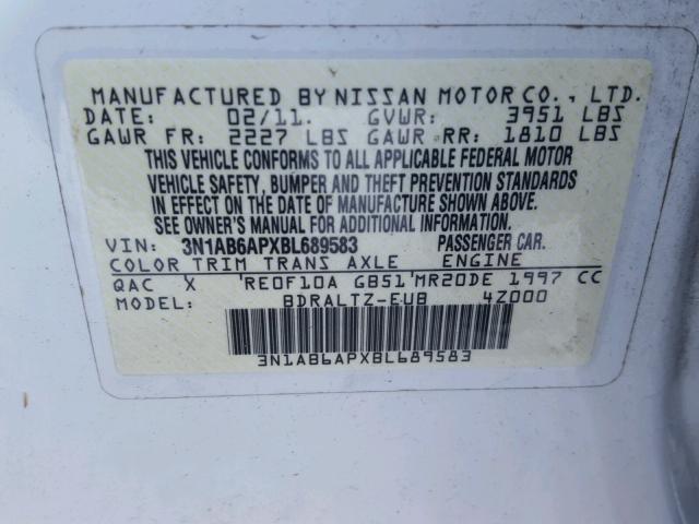 3N1AB6APXBL689583 - 2011 NISSAN SENTRA WHITE photo 10