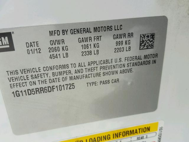 1G11D5RR6DF101725 - 2013 CHEVROLET MALIBU 1LT 白色 照片 10