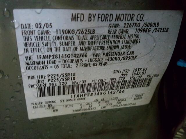 1FAHP28145G142766 - 2005 FORD FIVE HUNDR GREEN photo 10