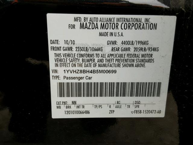 1YVHZ8BH4B5M00699 - 2011 MAZDA 6 I BLACK photo 10