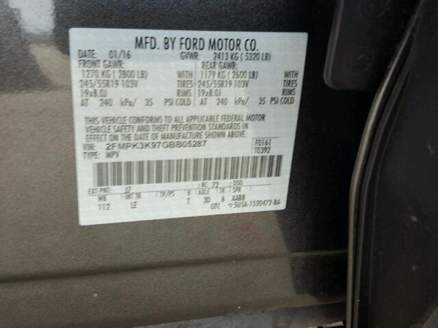 2FMPK3K97GBB05287 - 2016 FORD EDGE GRAY photo 10