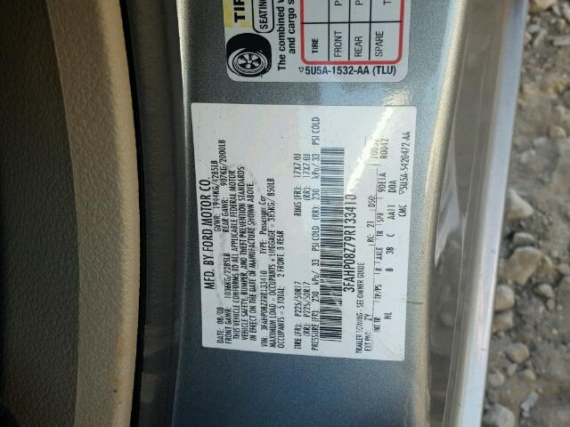 3FAHP08Z79R133410 - 2009 FORD FUSION SEL SILVER photo 10