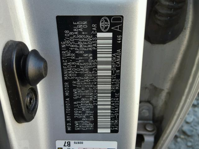 2T1KU40E49C073195 - 2009 TOYOTA COROLLA MA SILVER photo 10