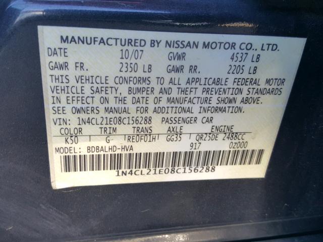 1N4CL21E08C156288 - 2008 NISSAN ALTIMA HYB GRAY photo 10