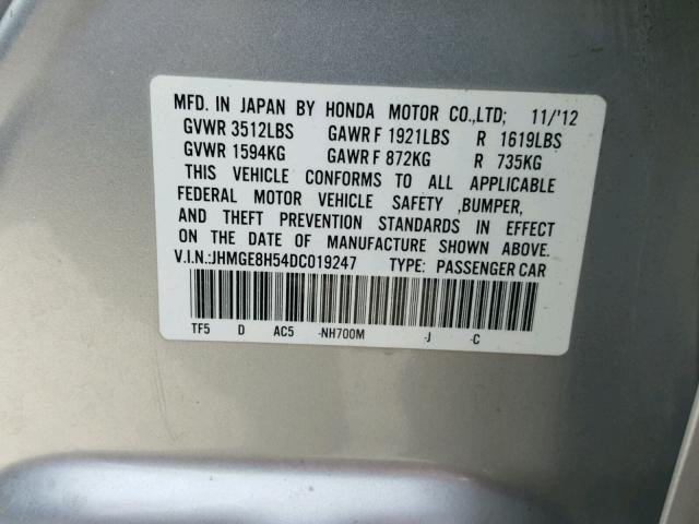 JHMGE8H54DC019247 - 2013 HONDA FIT SPORT SILVER photo 10