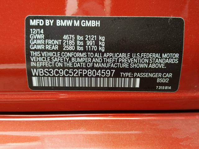 WBS3C9C52FP804597 - 2015 BMW M3 ORANGE photo 10