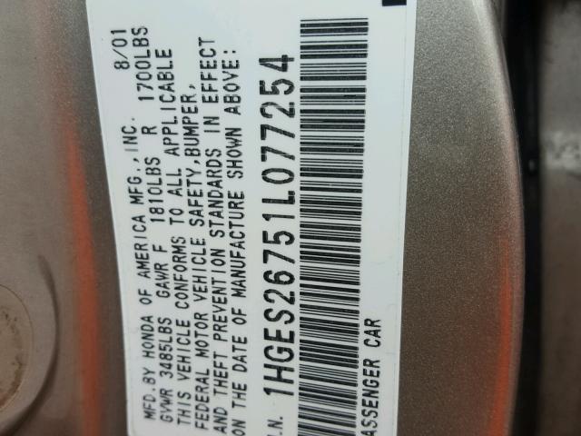 1HGES26751L077254 - 2001 HONDA CIVIC EX BEIGE photo 10
