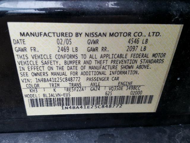 1N4BA41E25C848772 - 2005 NISSAN MAXIMA SE BLACK photo 10