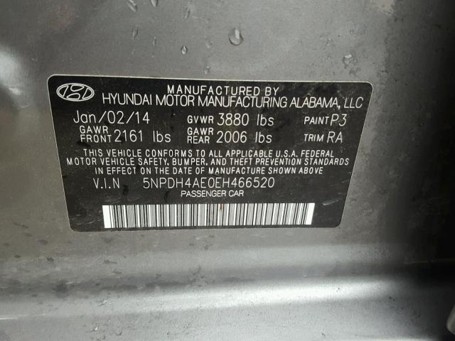 5NPDH4AE0EH466520 - 2014 HYUNDAI ELANTRA GRAY photo 10