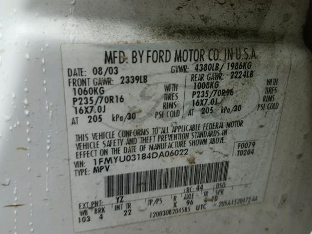 1FMYU03184DA06022 - 2004 FORD ESCAPE XLT SILVER photo 10