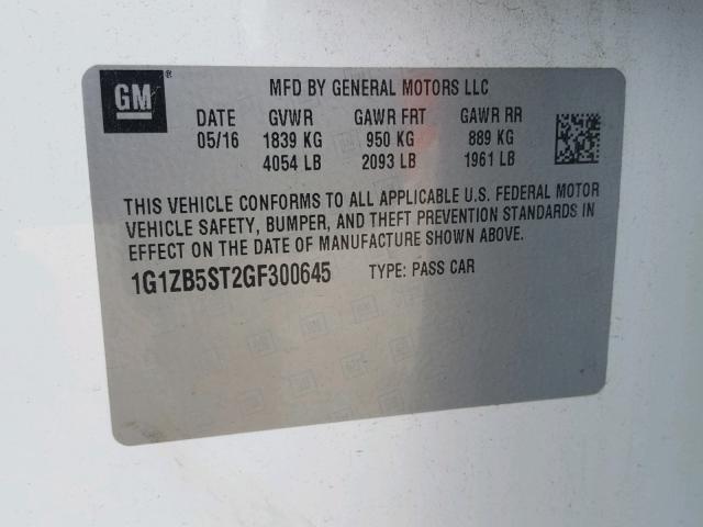 1G1ZB5ST2GF300645 - 2016 CHEVROLET MALIBU LS თეთრი ფოტო 10