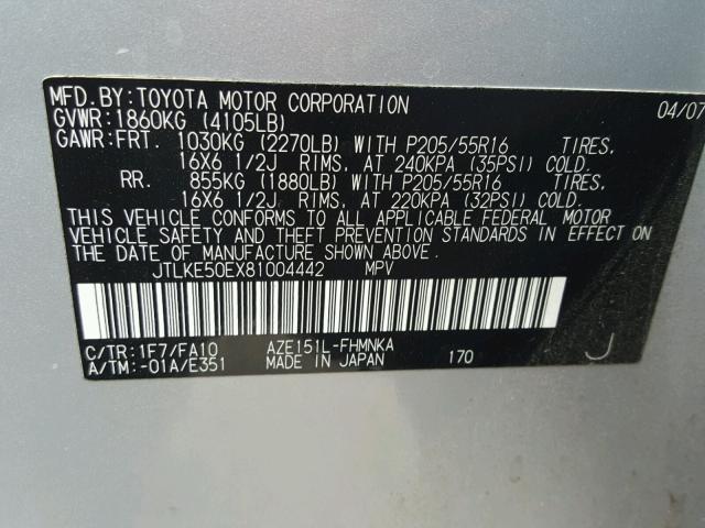 JTLKE50EX81004442 - 2008 TOYOTA SCION XB Plata foto 10