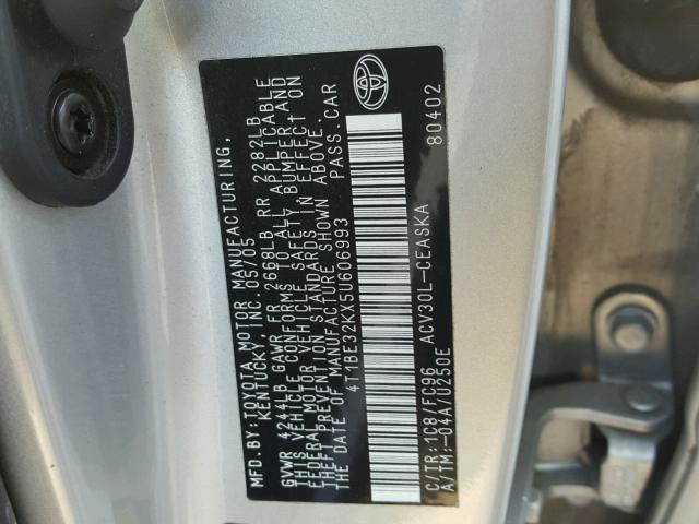 4T1BE32KX5U606993 - 2005 TOYOTA CAMRY LE SILVER photo 10