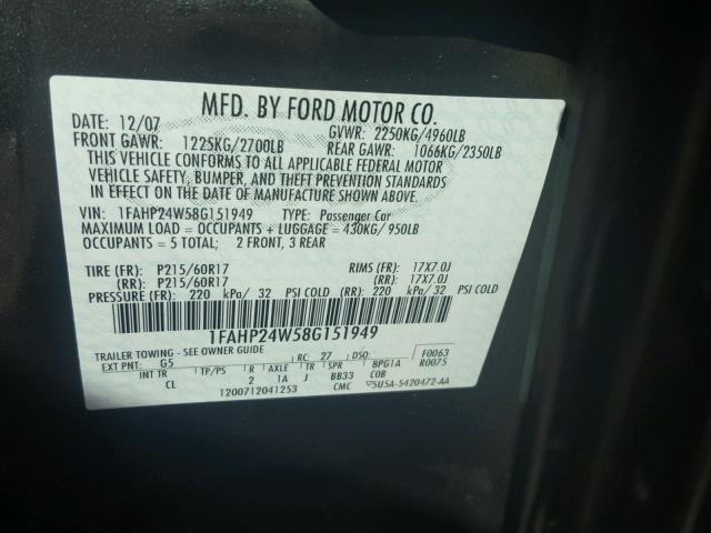 1FAHP24W58G151949 - 2008 FORD TAURUS SEL GRAY photo 10