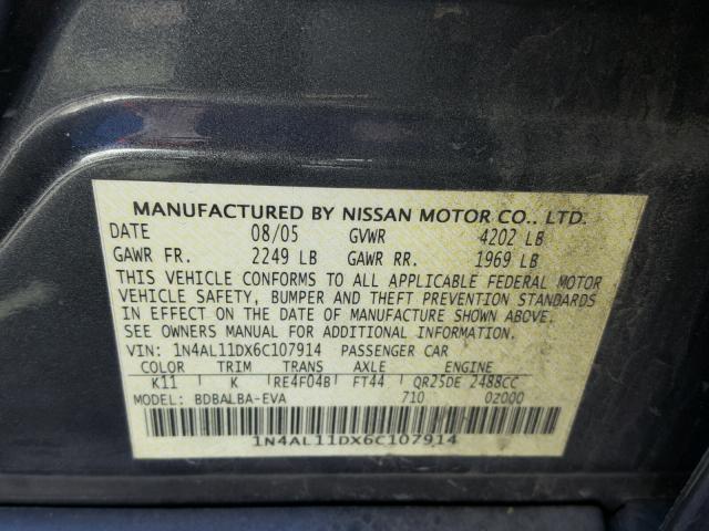 1N4AL11DX6C107914 - 2006 NISSAN ALTIMA S GRAY photo 10