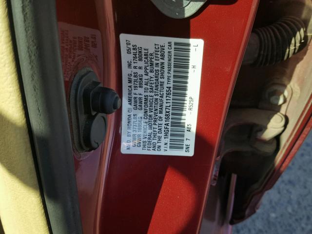 1HGFA168X7L117654 - 2007 HONDA CIVIC EX RED photo 10
