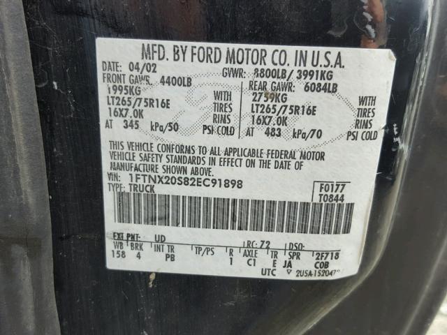 1FTNX20S82EC91898 - 2002 FORD F250 SUPER BLACK photo 10