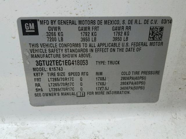 3GTU2TEC1EG418053 - 2014 GMC SIERRA K15 WHITE photo 10